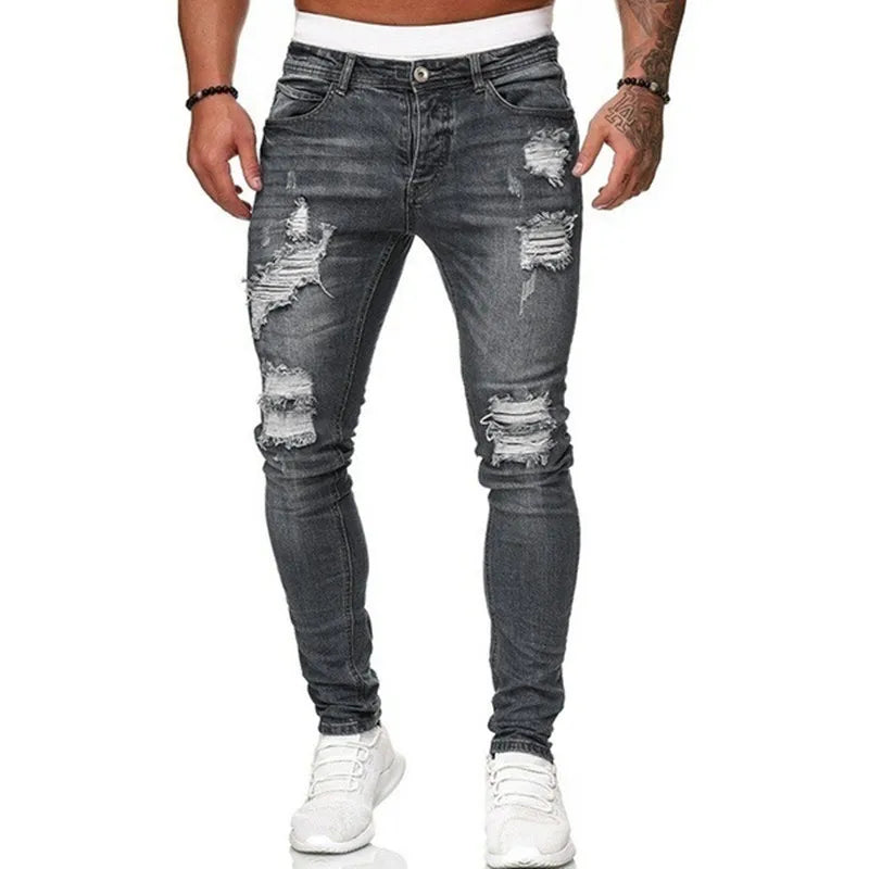 Fashion Street Style Ripped Skinny Jeans für Herren, Vintage-Waschung, unifarbene Denim-Hose, lässige Slim-Fit-Jeans, heiß begehrt