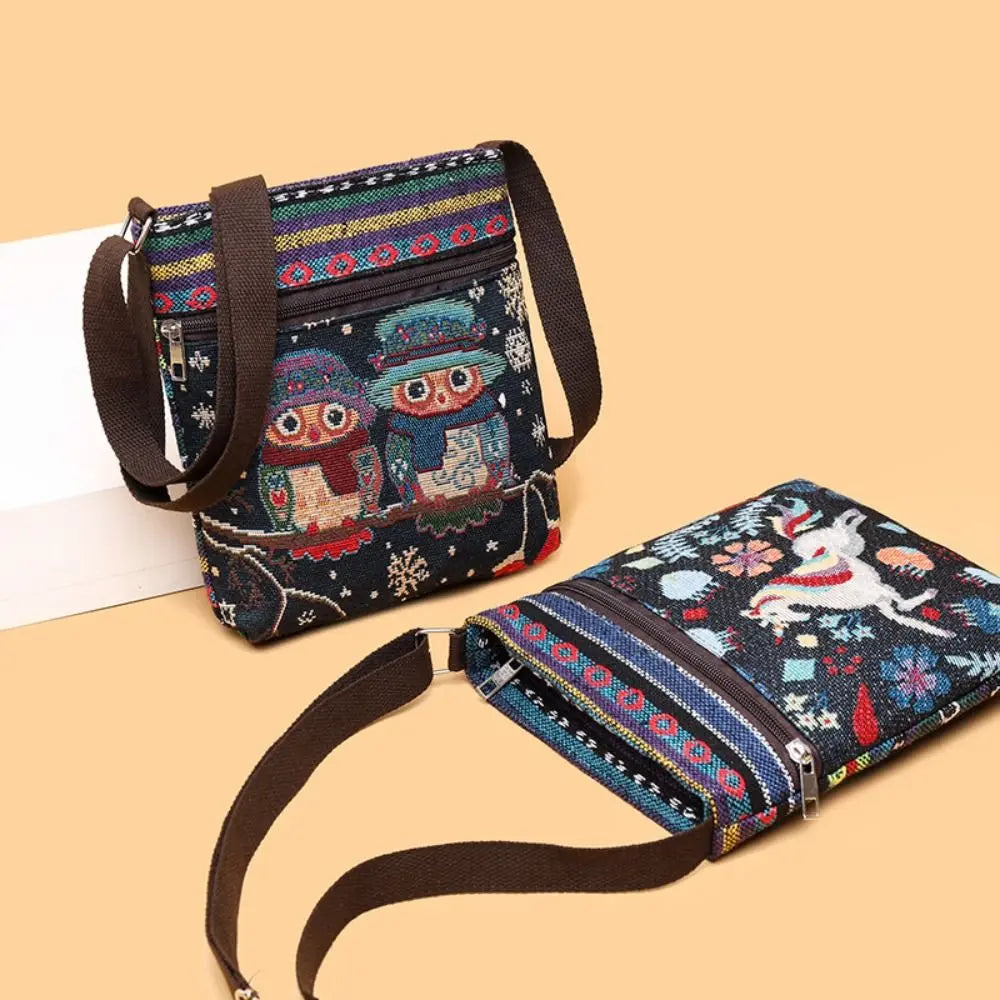 Women Square Small Canvas Embroidered Phone Shoulder Bag Retro Ethnic Style Travel Outdoor Messenger Crossbody Bag Handbags ﻿