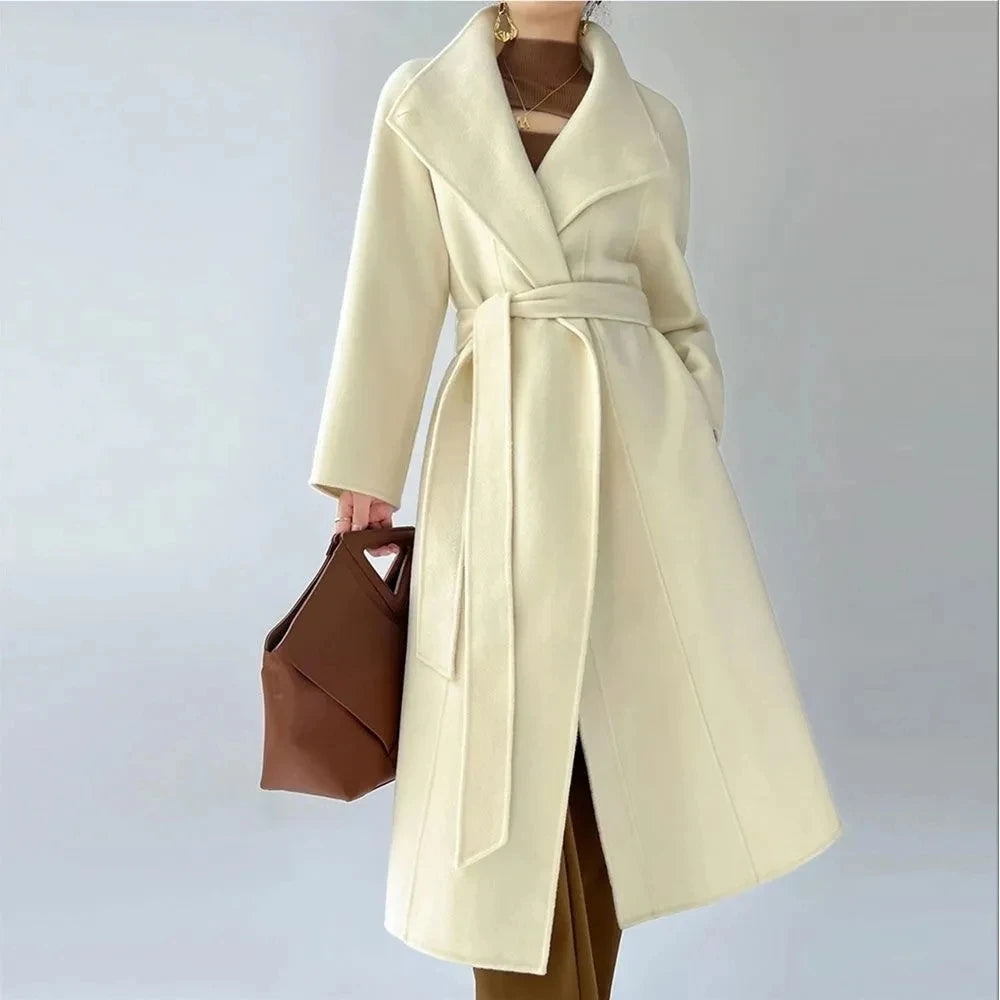 Manteau long en laine à col officier pour femme – Ceinture à nouer