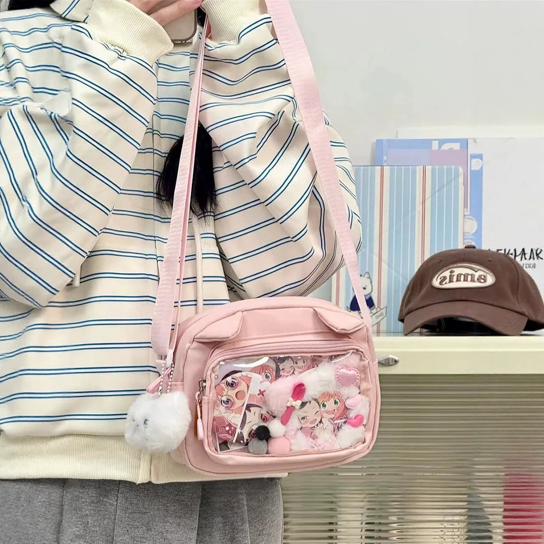 Japanese Pink Harajuku Cute Girls Y2K Transparent Cartoon Ita Bag Doll Versatile Crossbody Bag Casual Mobile Phone Сумка