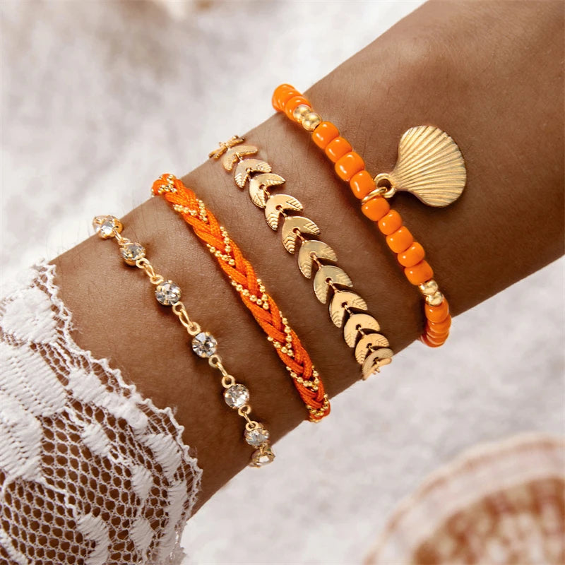 Lot de 4 Bracelets Bohème Coquillage Femme – Perles Zircon Colorées & Chaîne Métal, Bijoux Plage Été