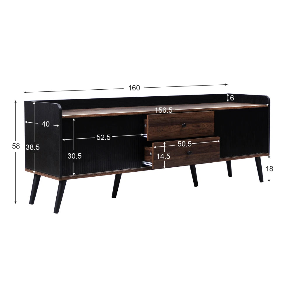Console TV Bicolore 160x40x58 cm – Noir & Bois | 2 Tiroirs | Portes Coulissantes | Style Scandinave | Salon
