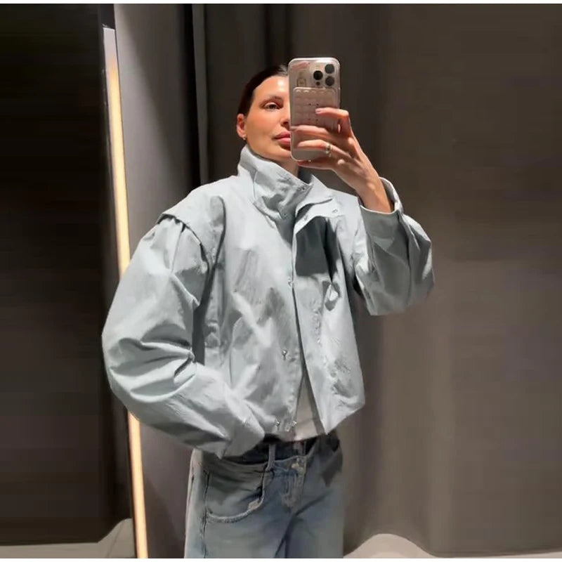 Stand Collar Zip Up Denim Bomber Jacket Elastic Cuff Long Sleeve 2026 Summer Women Outerwear Versatile Fashion Lady Chaqueta