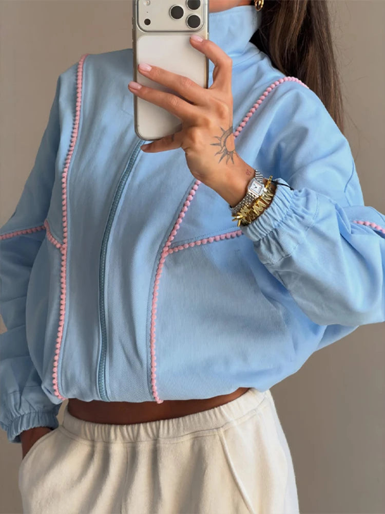 Stand Collar Zip Up Denim Bomber Jacket Elastic Cuff Long Sleeve 2026 Summer Women Outerwear Versatile Fashion Lady Chaqueta