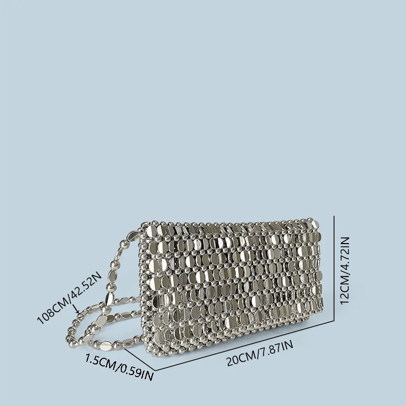 Pochette Téléphone Clapet Perlée – Design Argenté Creux Fait Main, Style Rétro Glam