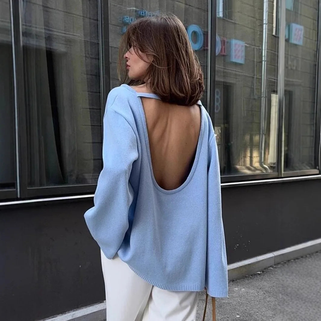 Pull Femme Coton Tricoté Dos Nu – Col Rond Loose Chaud Automne Hiver