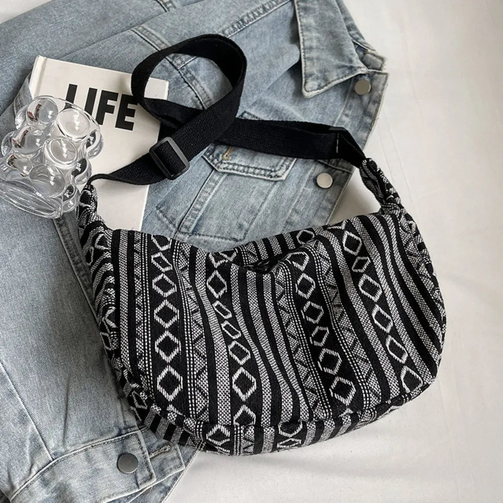 Fashion Tribal Style Shoulder Bag Striped Pattern Large Capacity Crossbody Bag Canvas Zipper Closure Messenger bag Ladies