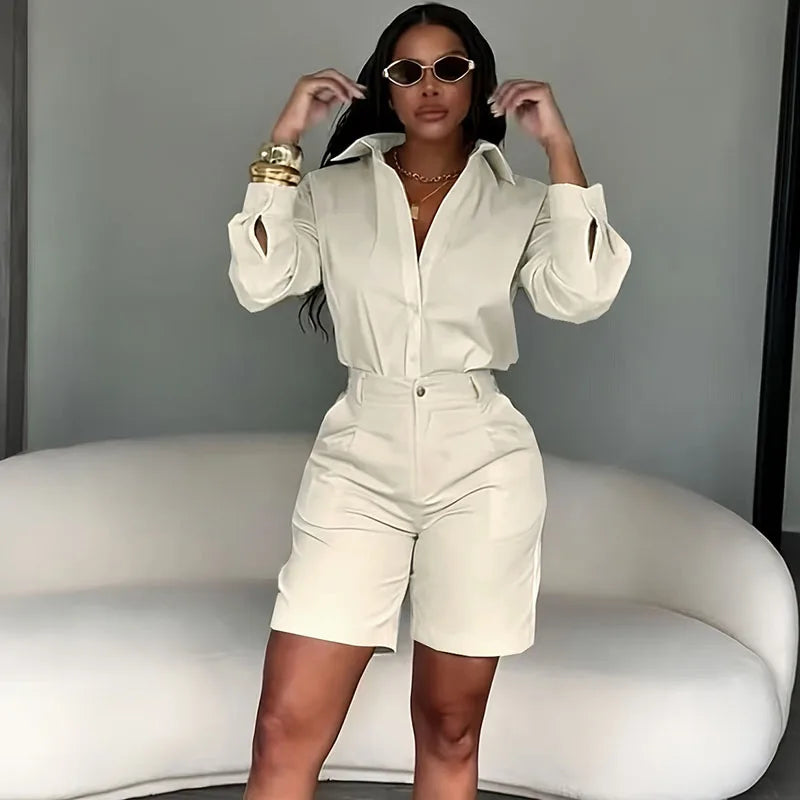 Doyerl Solid Elegant Fashion Zweiteiliges Set Damenbekleidung Lässiges Langarmhemd Top und Shorts passende Sets Ensembles Femme