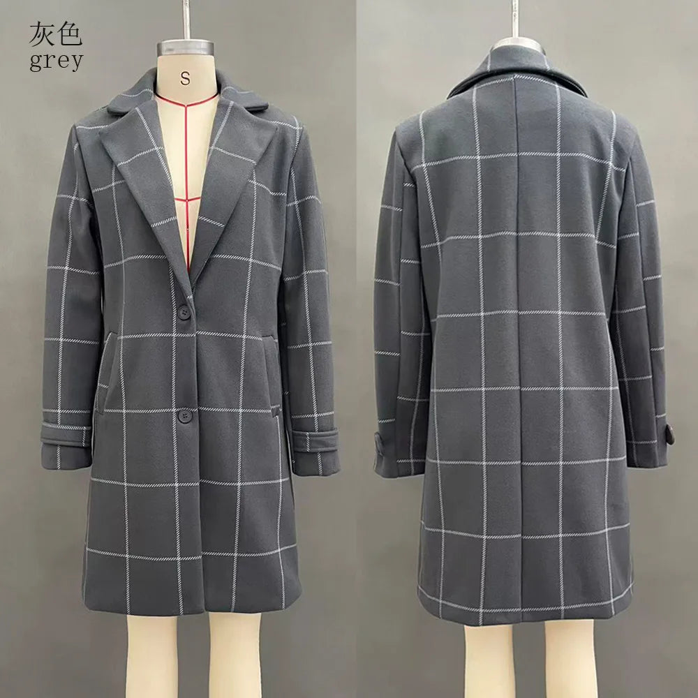 Manteau Mi-Long Femme À Carreaux – Mélange Laine, Coupe Ample, Poches | Hiver