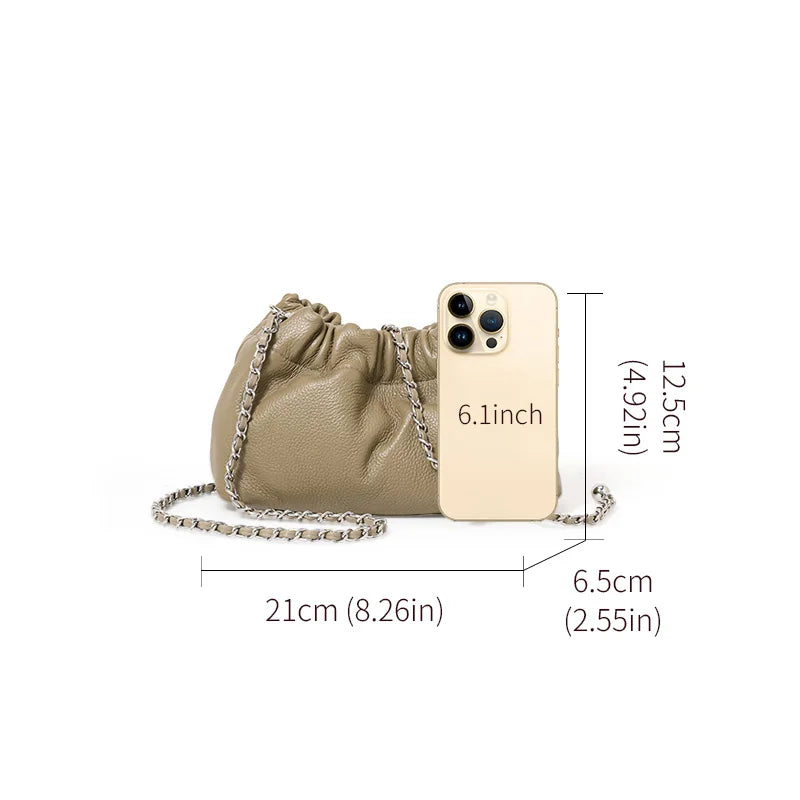 Lightweight Litchi Texture Genuine Cow Leather Cloud Bag Women Drawstring Ruched Design Metal Chain Crossbody Mini Purse