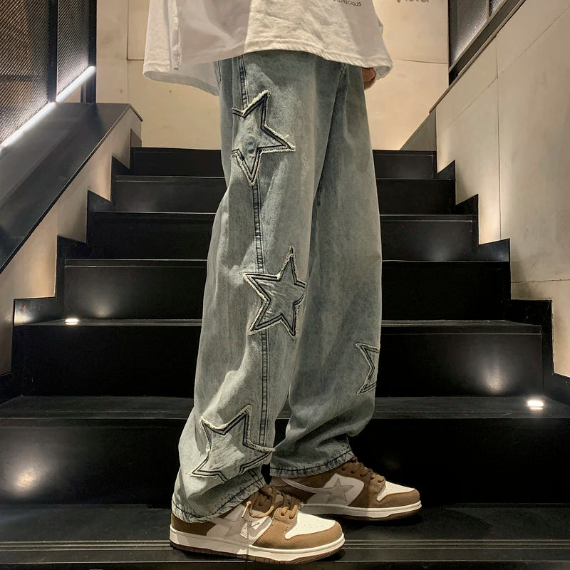 Men's Loose Straight Jeans with Star Embroidery Y2K Gothic Streetwear 2 Colors | Asia S-3XL