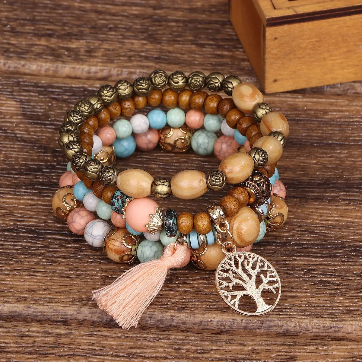 Set Bracelets Femme Bohème Arbre de Vie – Perles Bois & Glands