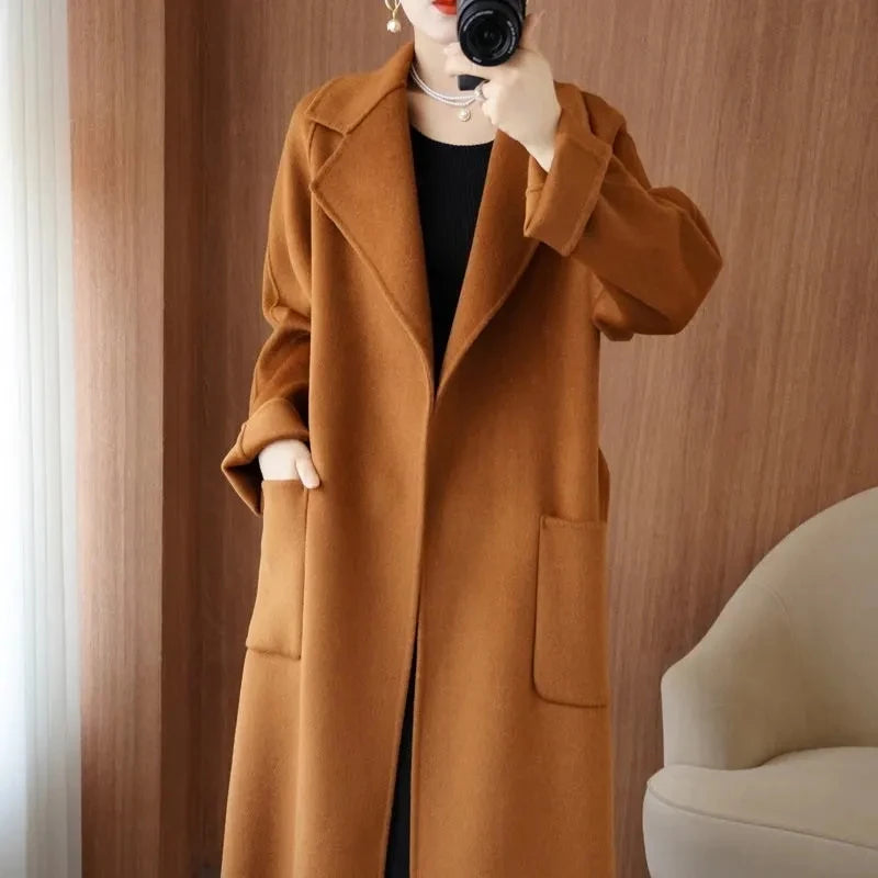 LANMREM Popular 2025 High End Water Ripple Double-sided Wool Coat Women Long Bathrobe Style Autumn Winter Coat For Female 2A462