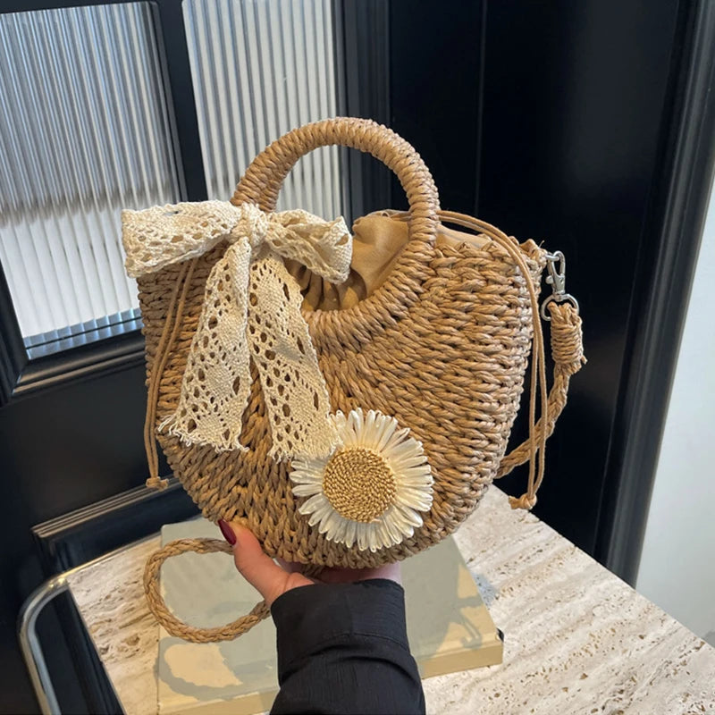 Sac de Plage Femme Yogodlns – Paille Rotin Tressé Main Demi-Lune, Nœud & Ruban, Style Bohème, 2 Coloris
