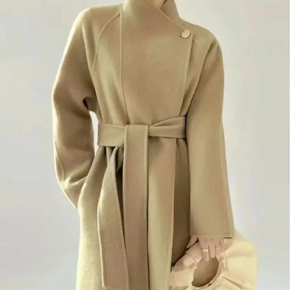 Manteau long en laine à col officier pour femme – Ceinture à nouer
