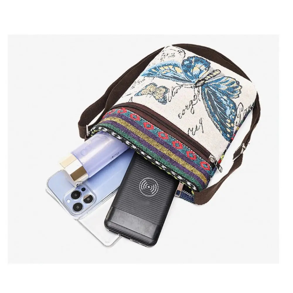 Women Square Small Canvas Embroidered Phone Shoulder Bag Retro Ethnic Style Travel Outdoor Messenger Crossbody Bag Handbags ﻿