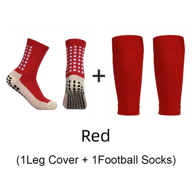 2 Pairs Set Men Grip Soccer Socks and Knee Pads Calf Sleeves Adult Youth Non Slip Leg Shin Guards for Basketball Football Sports