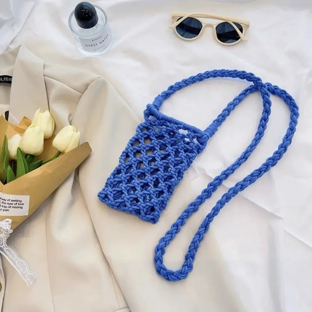 Fashion Portable Crossbody Phone Bag Hollow-out Woven Solid Color Shoulder Bags Crochet Lightweight Phone Purse Gifts