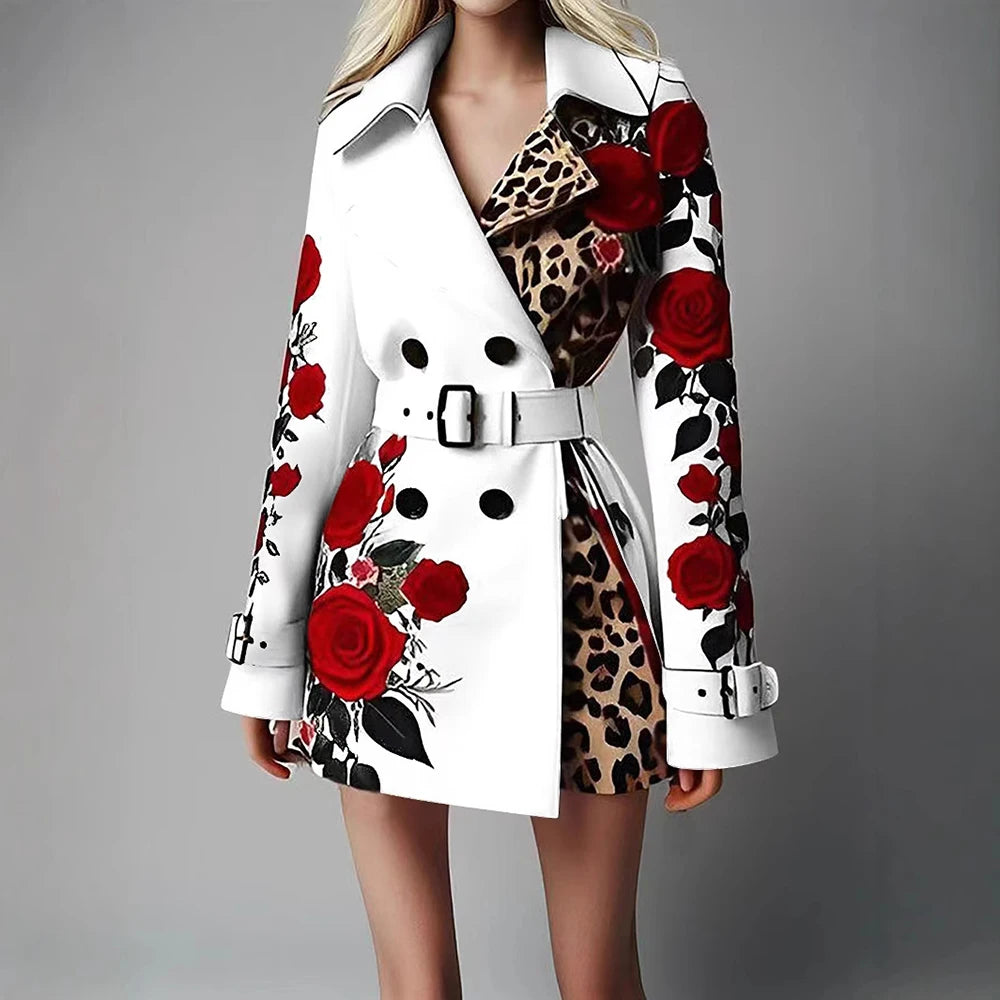 Women's Chic Trench Coat Red Rose Leopard Print Double Breasted Belted Lapel Long Sleeve Casual Outerwear Winter Female Jackets