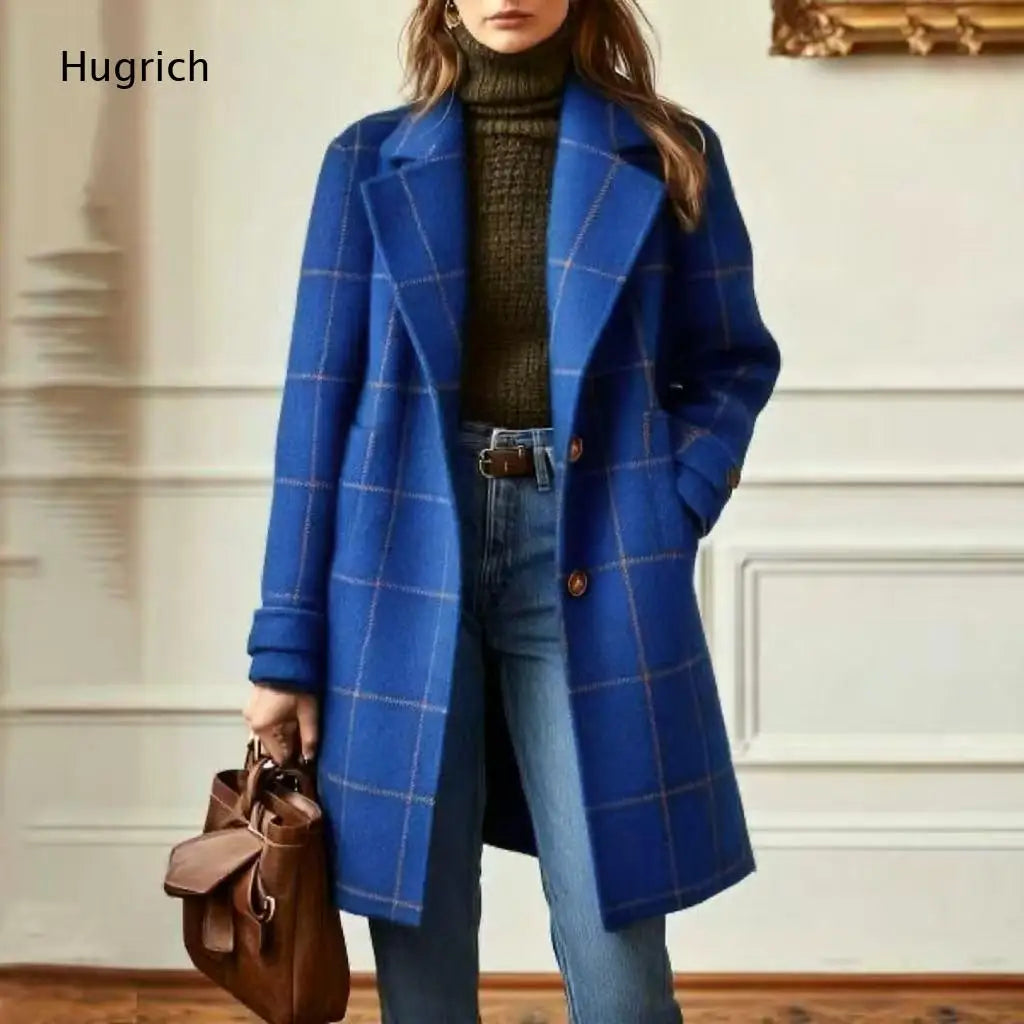 Manteau Mi-Long Femme À Carreaux – Mélange Laine, Coupe Ample, Poches | Hiver