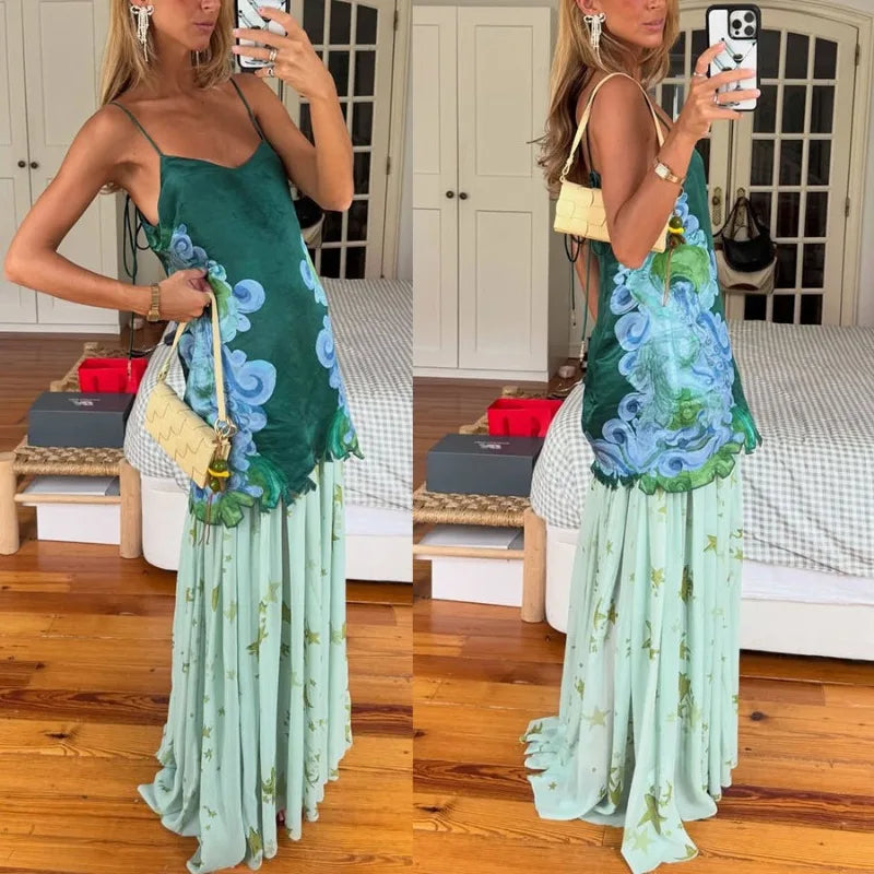 Ensemble 2 Pièces Femme – Top Épaules Dénudées & Jupe Chiffon Imprimée