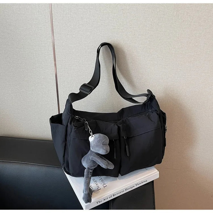 Sac Bandoulière Femme en Toile Style Boston Rétro – Grande Capacité, Pendentif Grenouille Optionnel