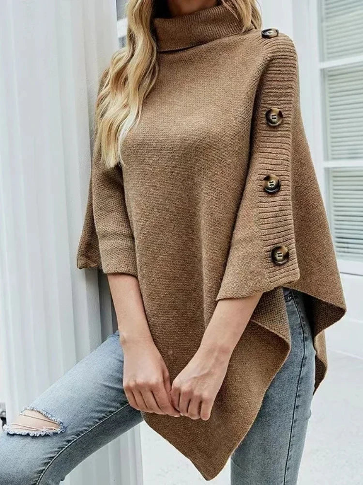 2025 Herbst Winter Schal Umhang Pullover Einfarbig Rollkragen Oversized Cape Mantel Damen Ponchos Pullover Gestrickter Fledermausärmel Oberteil