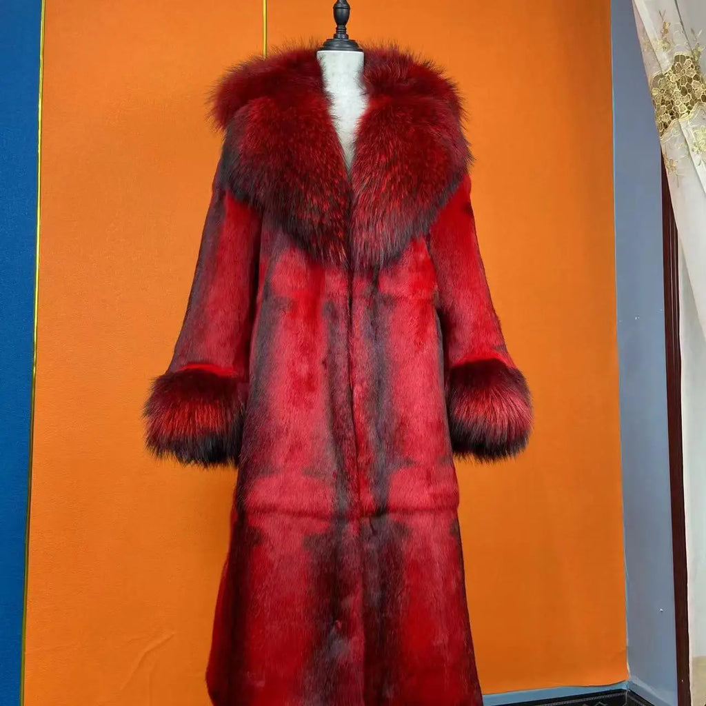 FURTJY – Manteau Femme Fourrure Naturelle de Lapin & Renard, Col Revers, Style Streetwear Chaud Hiver 2025
