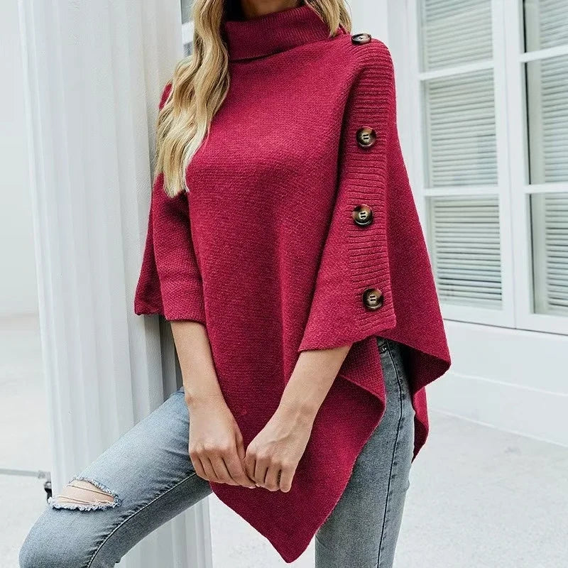 2025 Autumn Winter Shawl Cloak Sweater Solid Color Turtleneck Oversized Cape Coat Female Ponchos Pullover Knitted Bat Sleeve Top