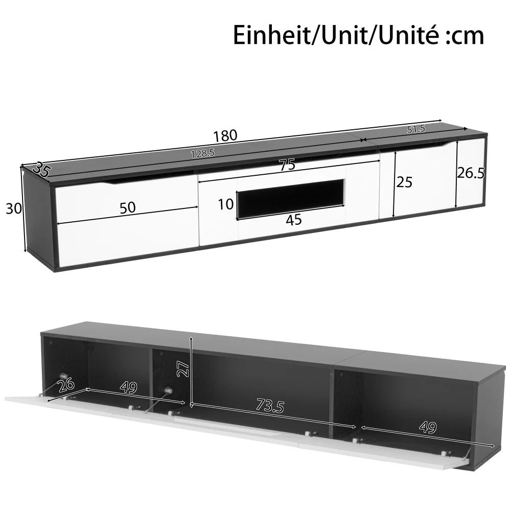 Meuble TV Haute Brillance 180x35x30 cm – LED 16 Couleurs USB | Mural ou Sol | Noir & Blanc | 60 kg