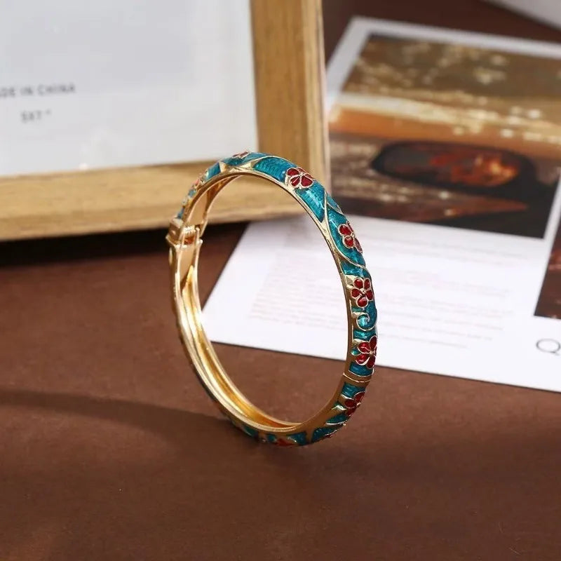 Bracelet Jonc Émail Floral Femme – Ouvert, Style Rétro Doré, Bijou Élégant