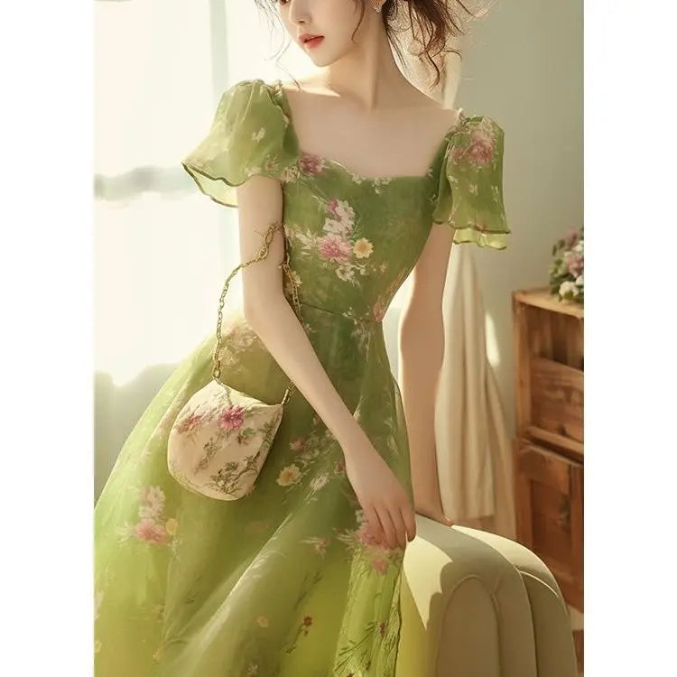 Robe Longue Chiffon Imprimé Floral Femme – Style Français Féerique, Vacances Été