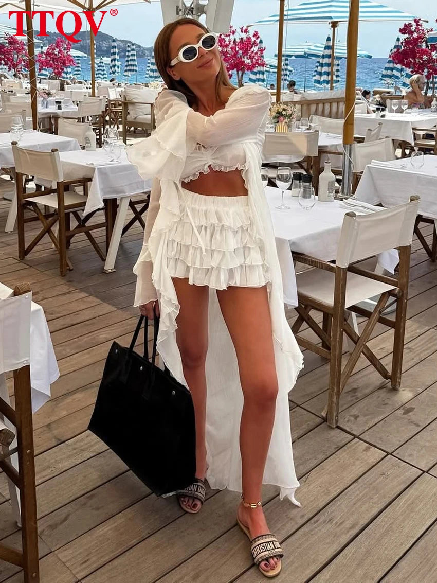 TTQV  Sexy Loose White Women's 3 Pieces Set 2025 Fashion Long Sleeve Robes + Bra With High Waist Pleated Mini Skirt Set Female