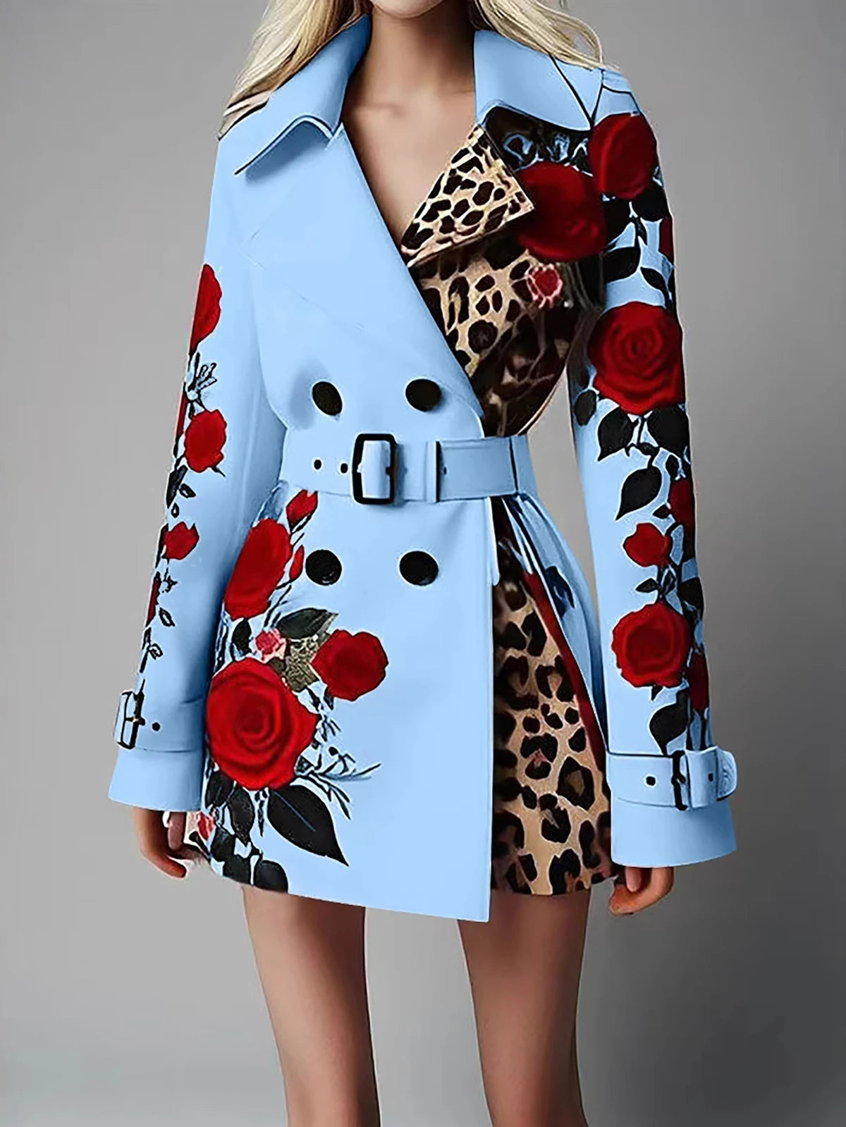 Women's Chic Trench Coat Red Rose Leopard Print Double Breasted Belted Lapel Long Sleeve Casual Outerwear Winter Female Jackets