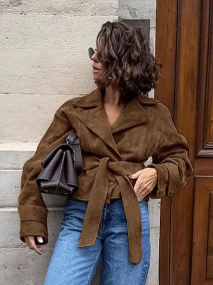 Veste Bomber Femme HKOX Suède Vintage – Ceinture | Double Boutonnage | Col Rabattu | Oversize | Marron | S-L