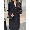 Korean Black Woolen Thickened Coat Women French Hepburn Style Retro Double-Breasted Mid-Length Fashion Temperament Loose Jackets