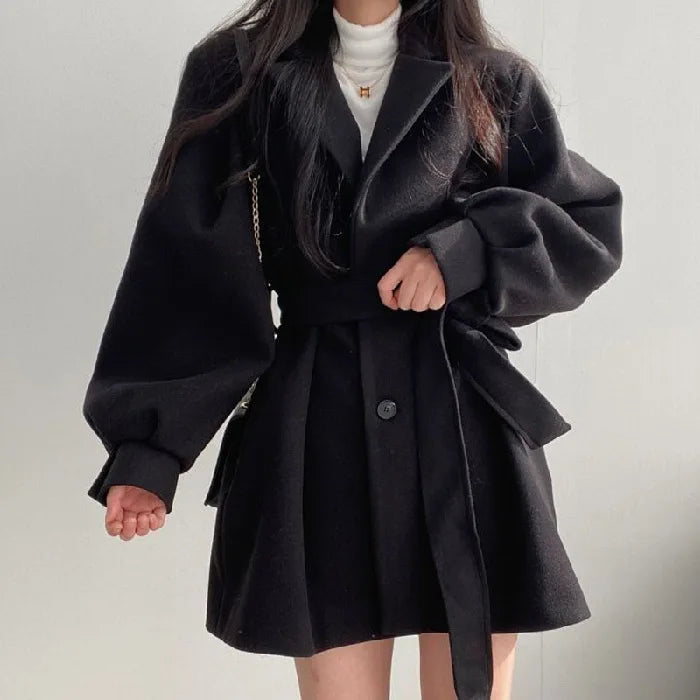 Manteau en Laine Femme – Veste Chic Manches Ballon, Col Tailleur & Laçage Vintage