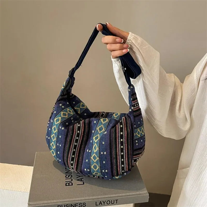 Tribal Style Shoulder Bag, Foldable Crossbody with Zipper Closure, Striped Pattern, Flag Theme Hand Washable Edge Painted Lining