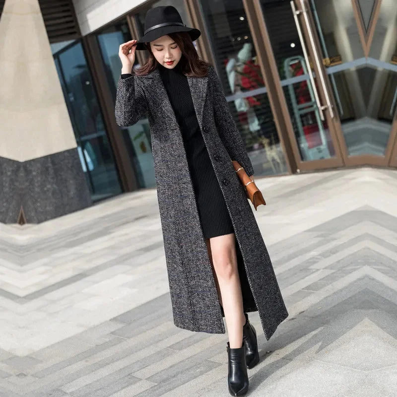 Manteau Long Femme Style Coréen – Laine Épaisse, Coupe Slim, Carreaux, Longueur Genou
