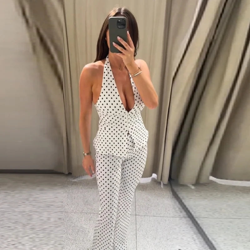 Retro Modern Polka Dot Set Neckholder-Top mit tiefem V-Ausschnitt Ausgestellte Hose Damen Party Zeitloser Chic Weibliche Klassische Stilvolle Outfits