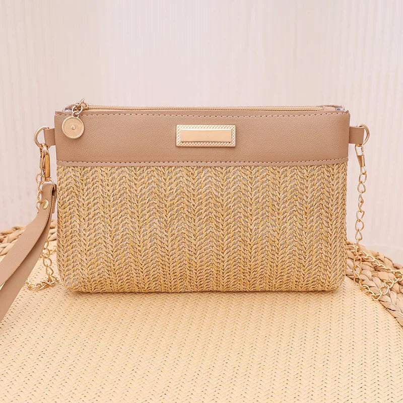 Chain Strap Women's Crossbody Bags For Travel/Vacation, Summer Straw Shoulder Bag With Wrist Strap, Ladies Handbags And Purses