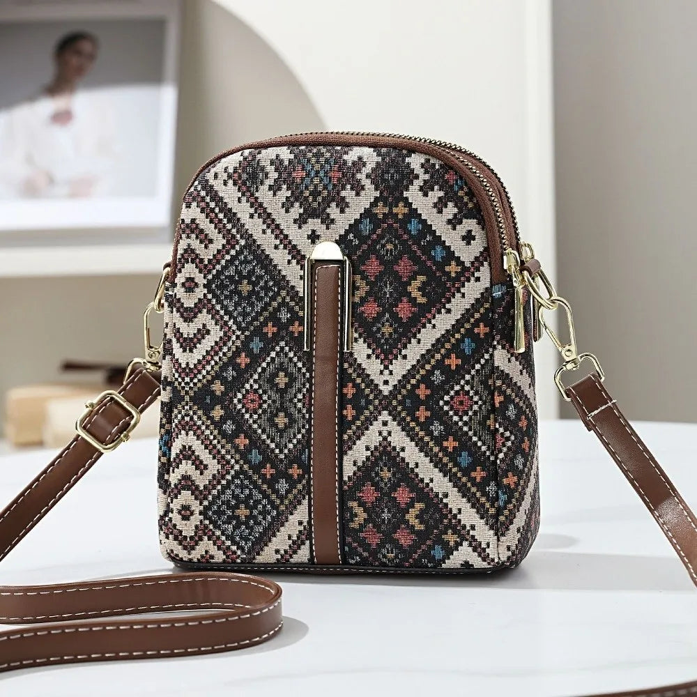 Sac Téléphone Bandoulière Femme Style Bohème Ethnique – Cuir PU, Fermeture Zip, 7 Coloris