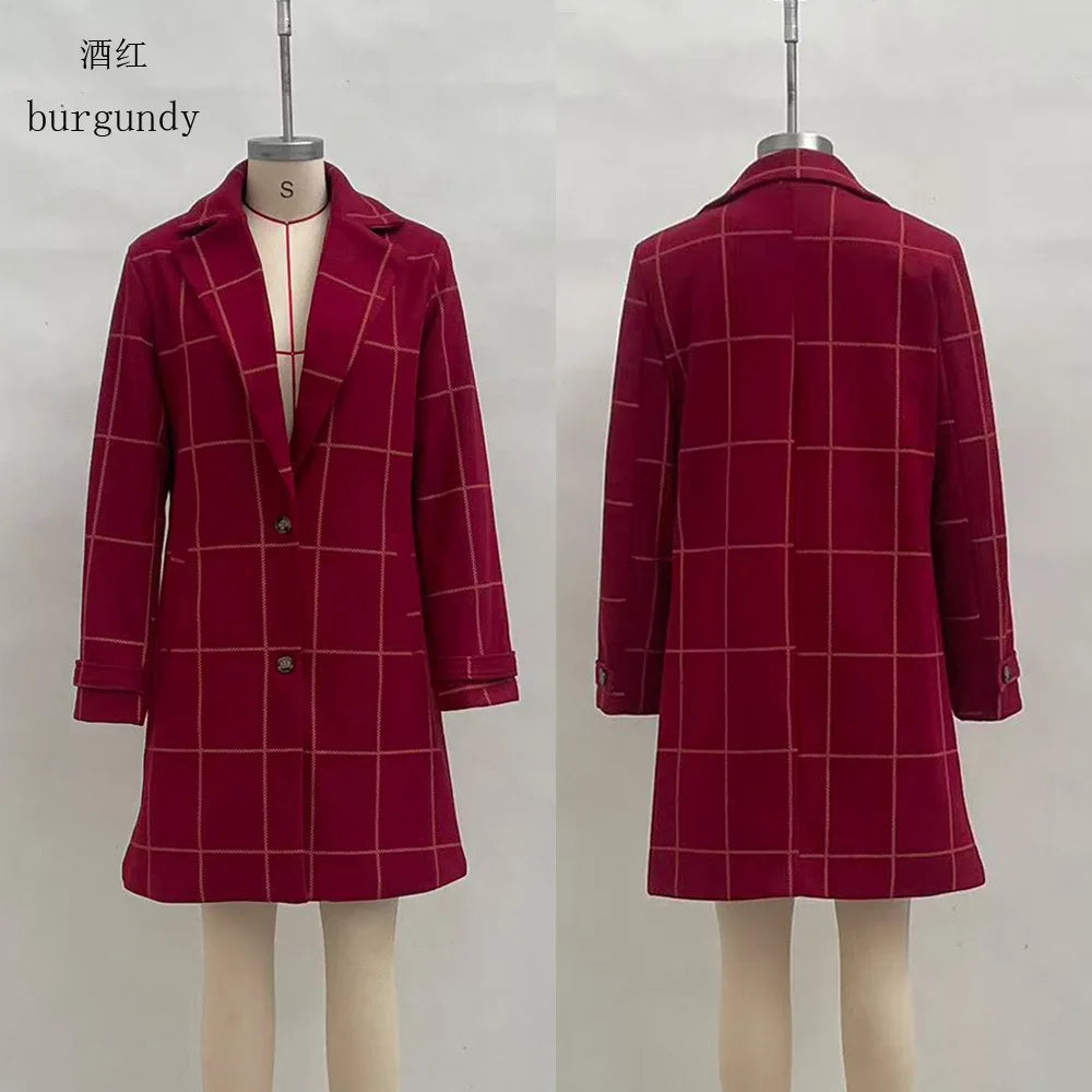 Manteau Mi-Long Femme À Carreaux – Mélange Laine, Coupe Ample, Poches | Hiver