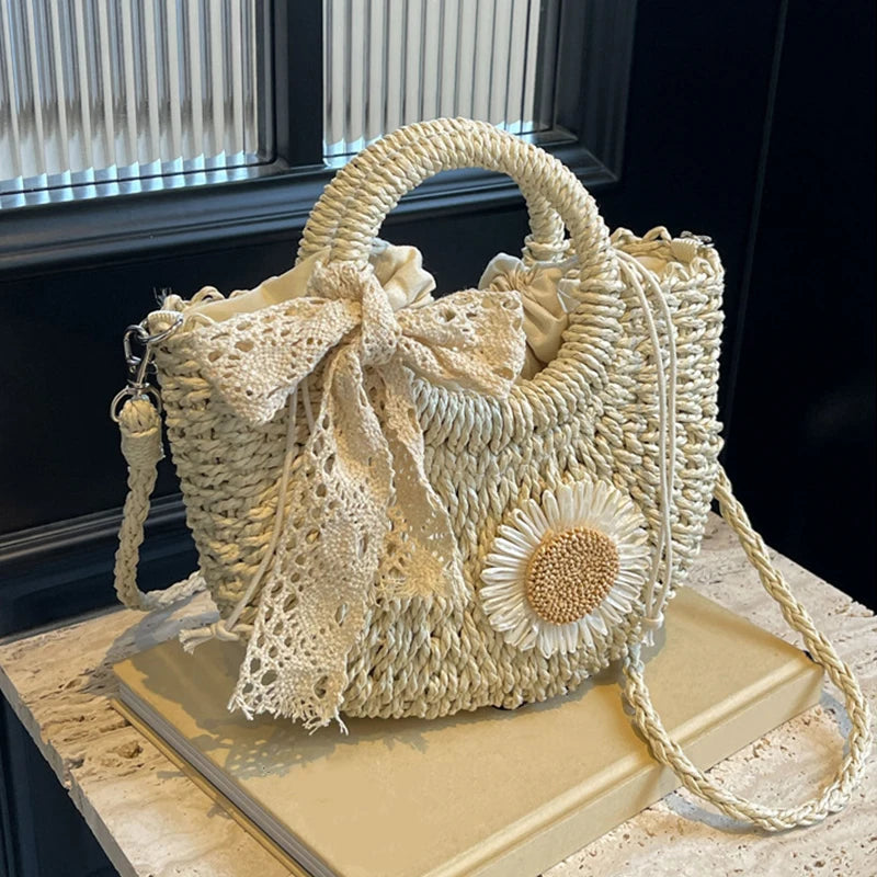 Sac de Plage Femme Yogodlns – Paille Rotin Tressé Main Demi-Lune, Nœud & Ruban, Style Bohème, 2 Coloris