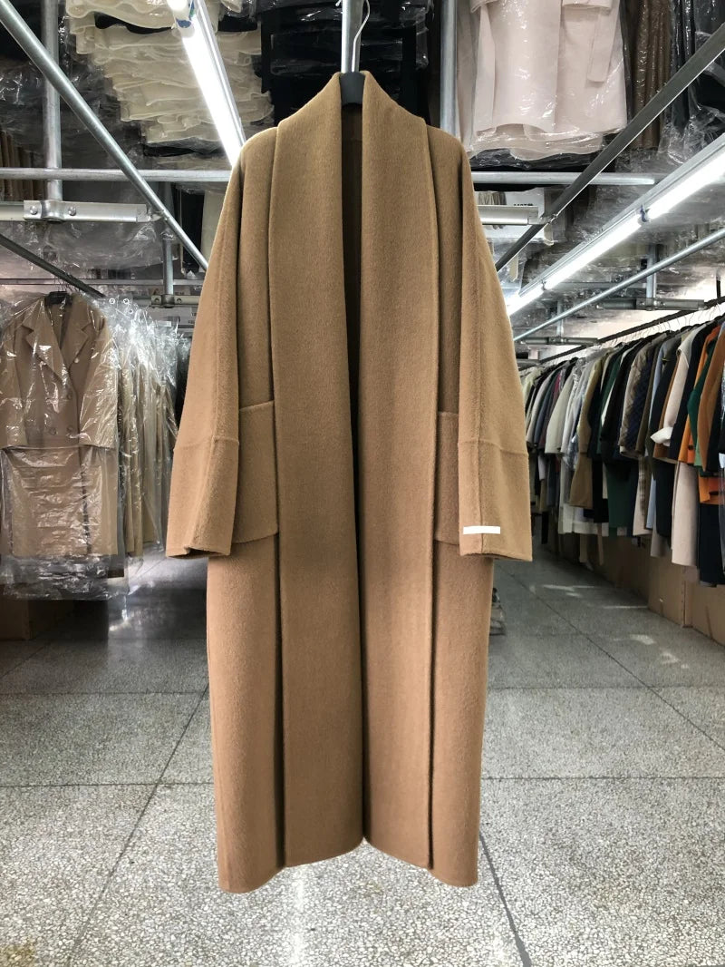 Big Collar Bademantel-Stil Doppelseitiger Kaschmirmantel für Damen Herbst Winter Lange Schöne Wollmäntel Lockere Einfache Wollmantel