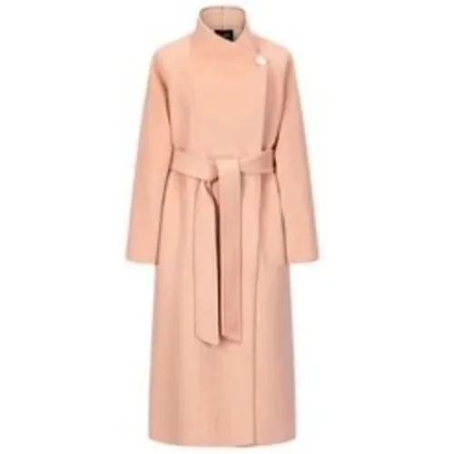 Manteau long en laine à col officier pour femme – Ceinture à nouer