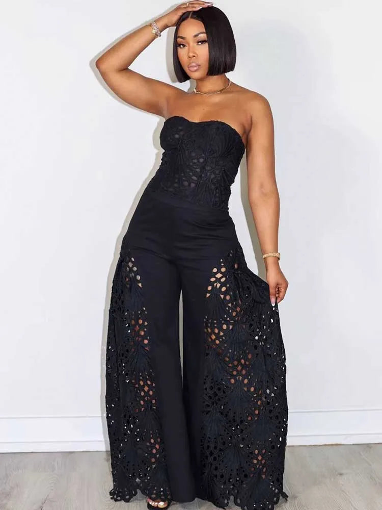 Ensemble Deux Pièces Femme – Top Bustier Dentelle Col V & Pantalon Large Été