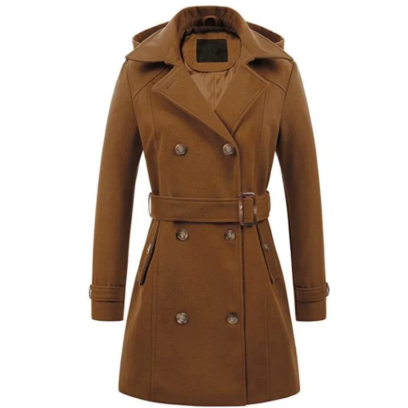 Damen-Midimantel mit Kapuze – Zweireihige Jacke in Wolloptik, Streetwear-Winterstil