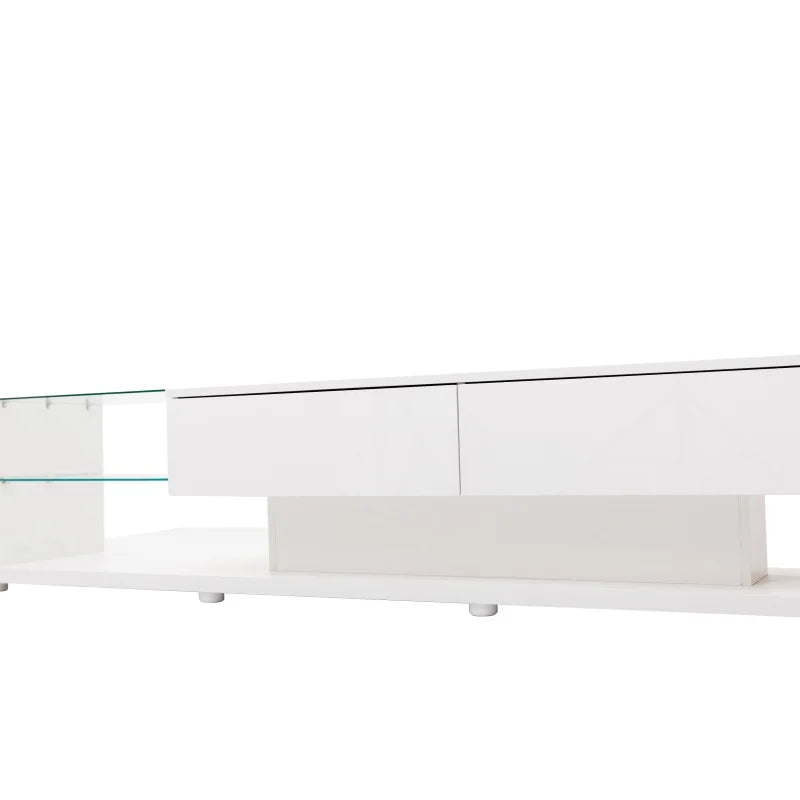 Meuble TV Rbefeuly 170 cm Blanc Haute Brillance – LED | 2 Tiroirs | 2 Étagères Verre | Mural ou Sol | TV 59"