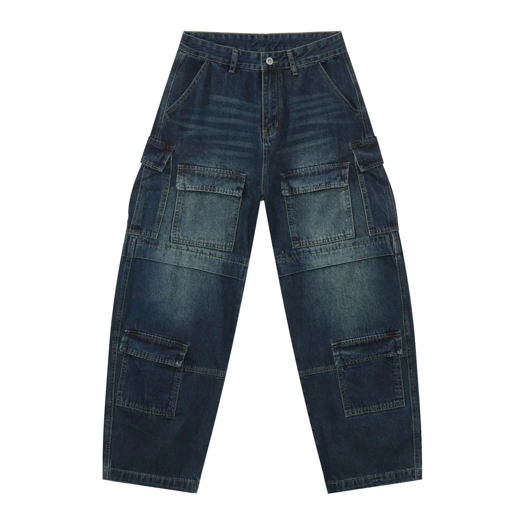 Jean Droit Homme Style Américain – Denim Lavé Multi-Poches Coupe Loose | Bleu